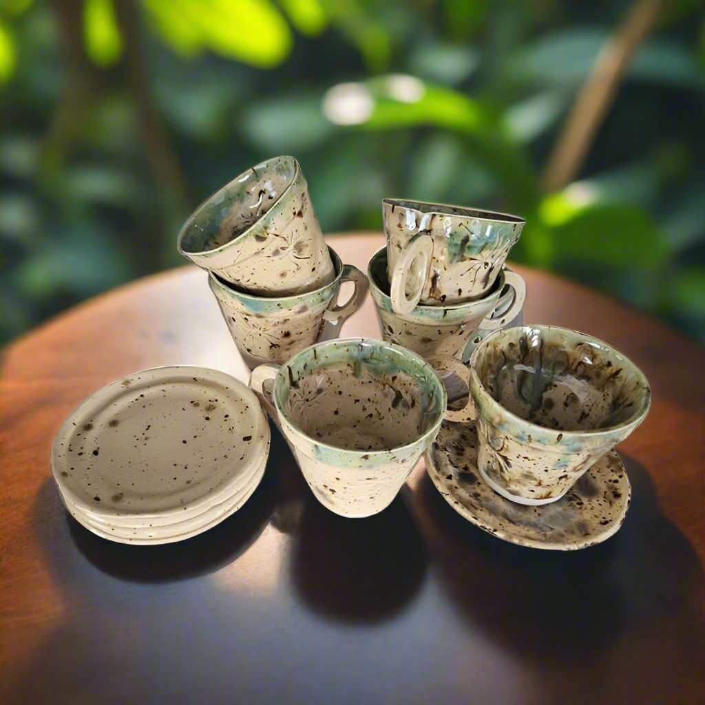 Spider Imprint Coffee Cups & Saucers – 12-Piece Set of Speckled Ceramics, Ø7.5×8 cm & Ø9 cm