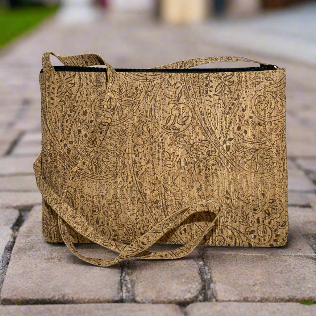 Eco-Chic Vegan Cork Shoulder Bag with Wallet – Floral Paisley Design