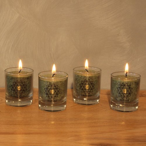 Anahata Chakra Candles – Set of 4 Heart Energy Glass Candles, Green, 4cm