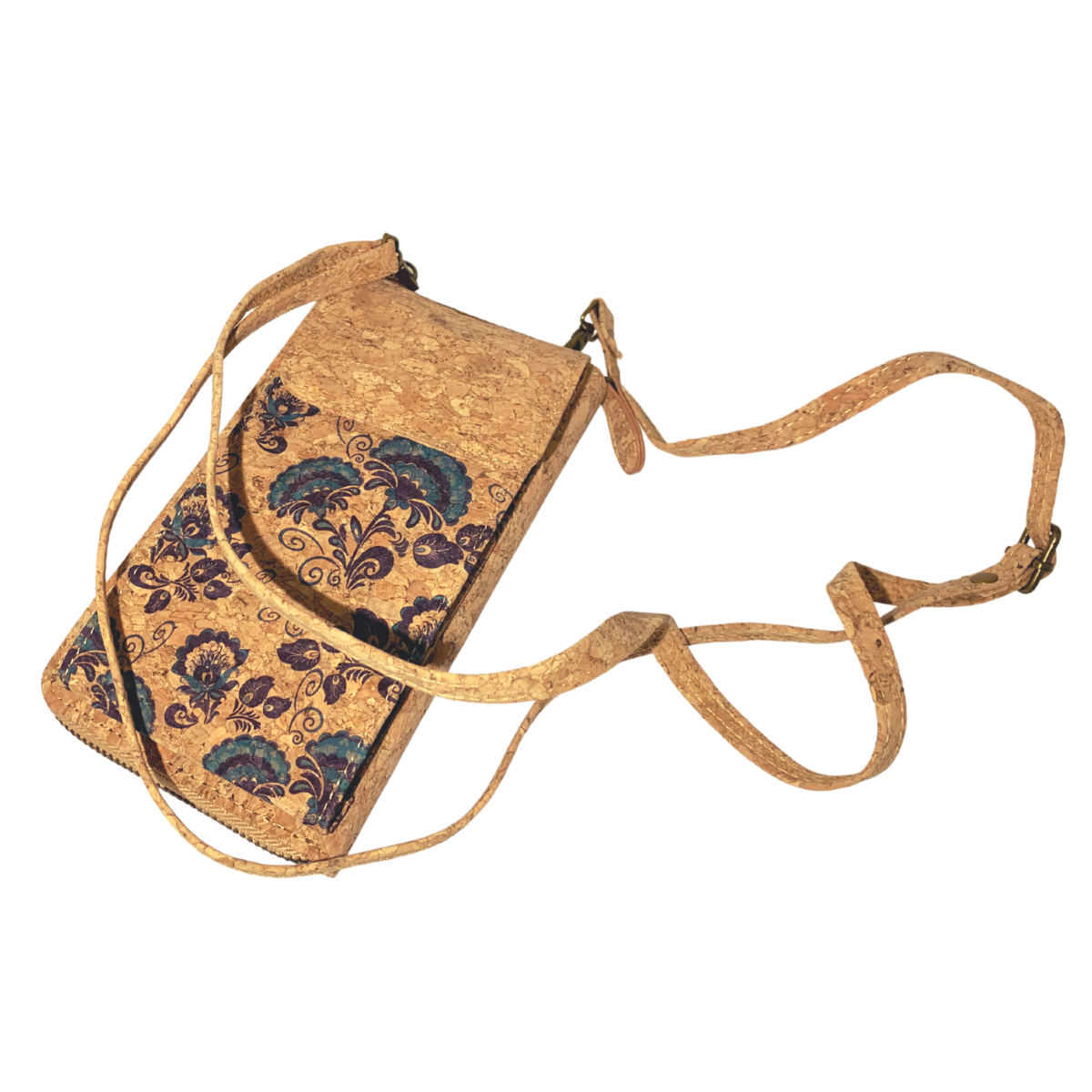Indigo Bloom Cork Phone Bag – Botanical-Adorned Essentials Pouch