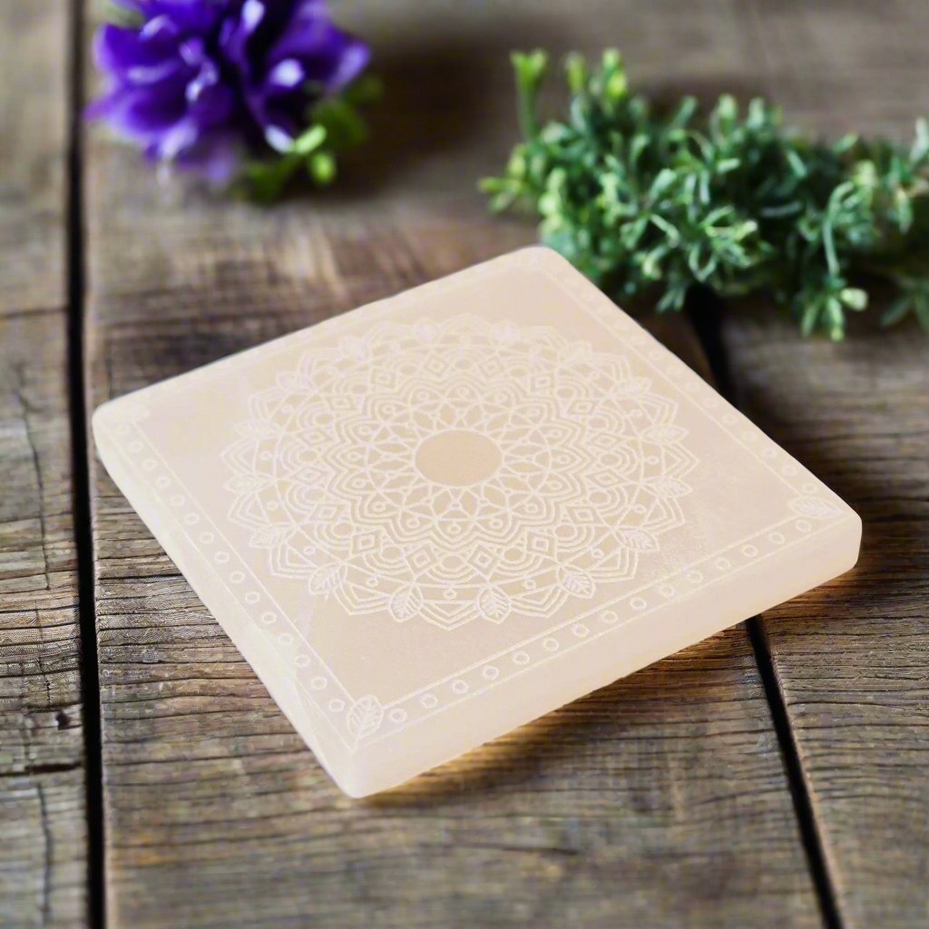 Mandala Selenite Charging Plate – Stone of Radiant Energy, 10 × 10 cm by ANAS