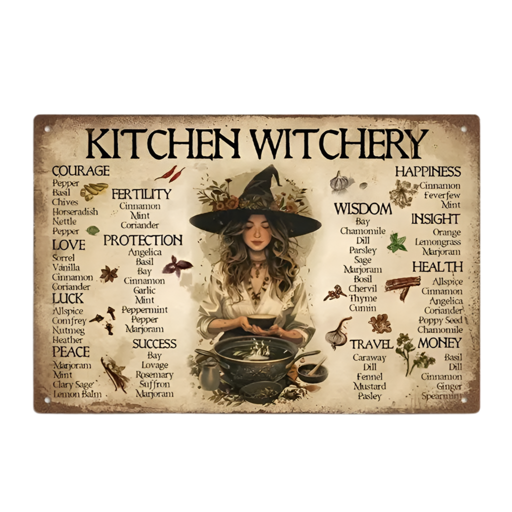 Kitchen Witchery Metal Sign – Herbal Magic Wall Art, 15×20 cm