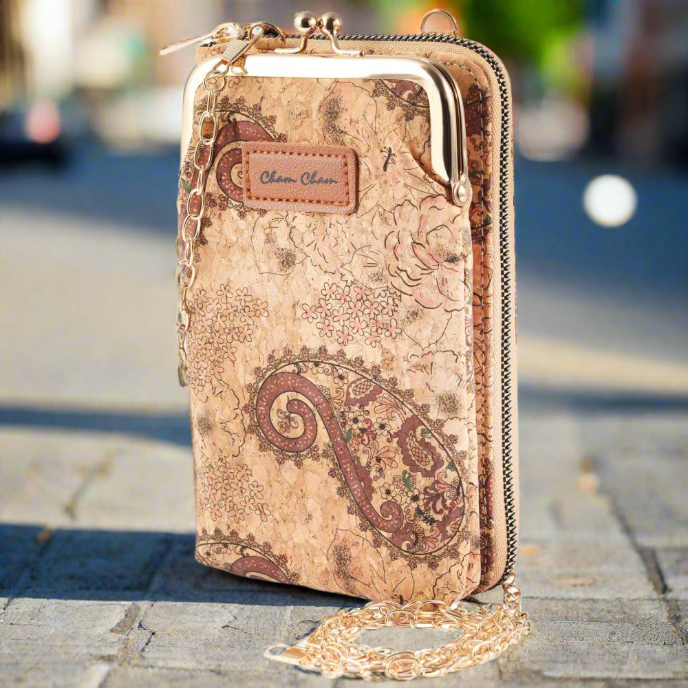 Eco-Chic Vegan Cork Shoulder Bag with Wallet – Vintage Paisley Design