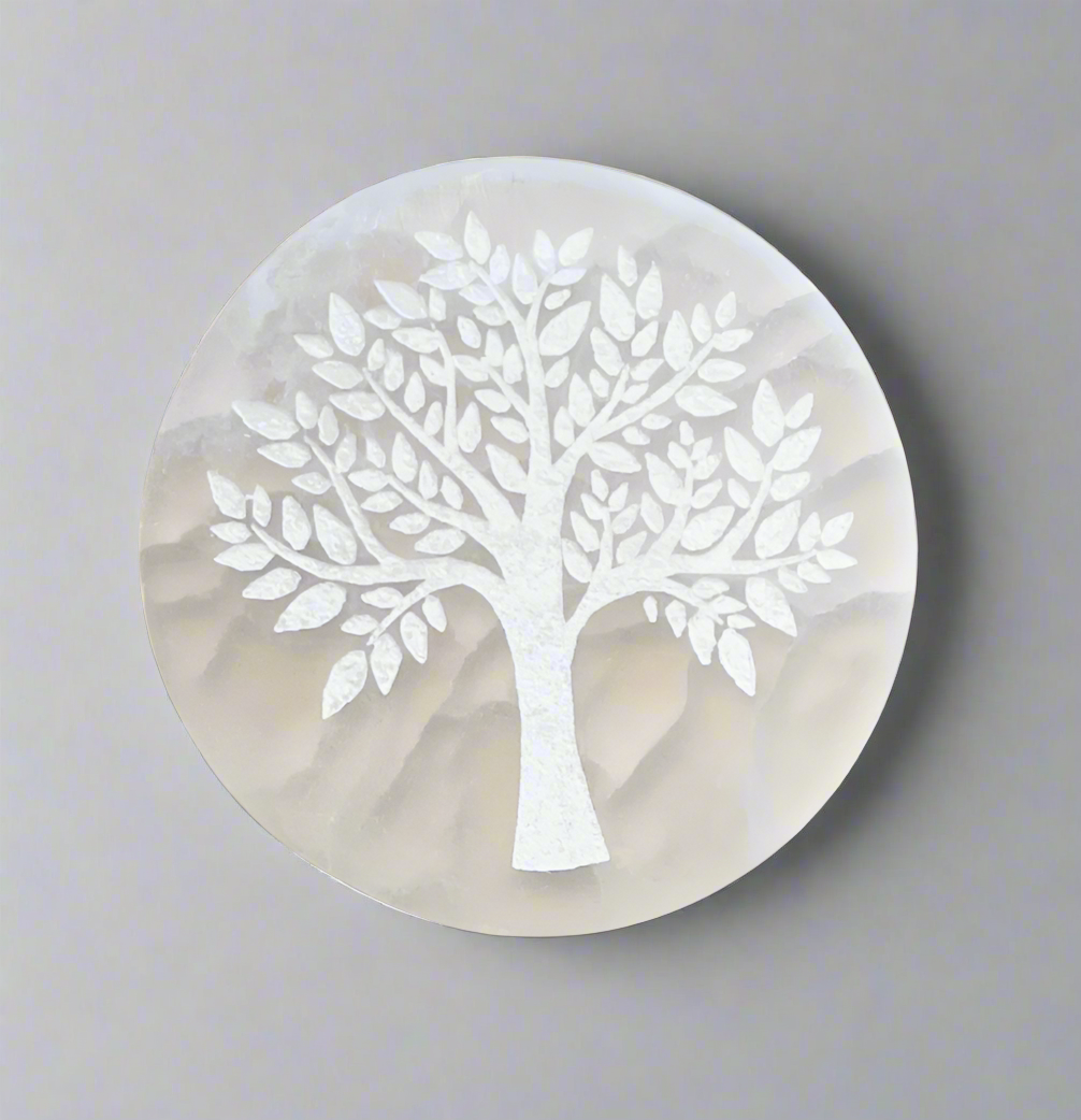 Tree of Life Selenite Charging Plate – Stone of Harmonious Energy, Ø10 cm by ANAS