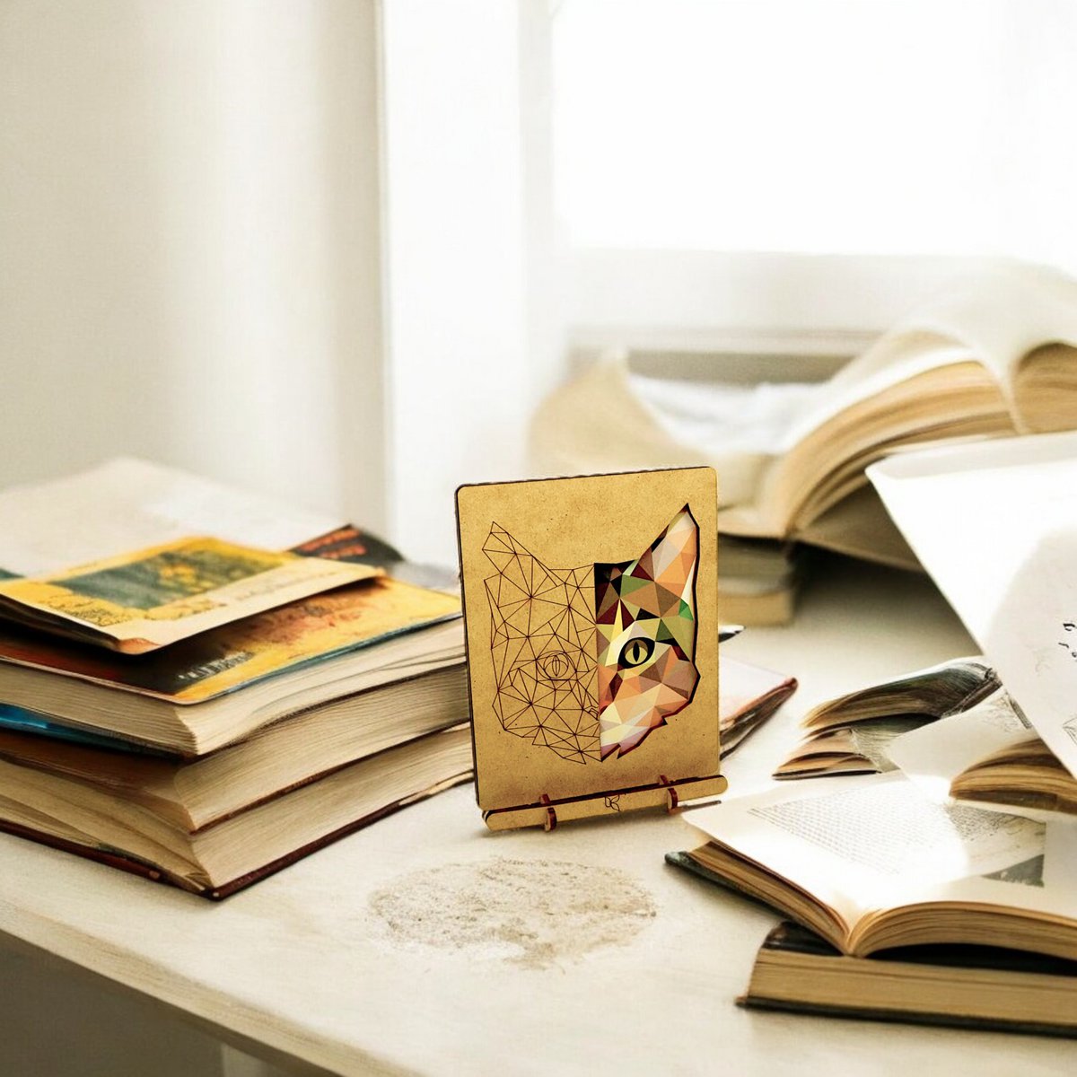 "Geometric Cat" Wooden Postcard - Standing 3D Eco Greeting