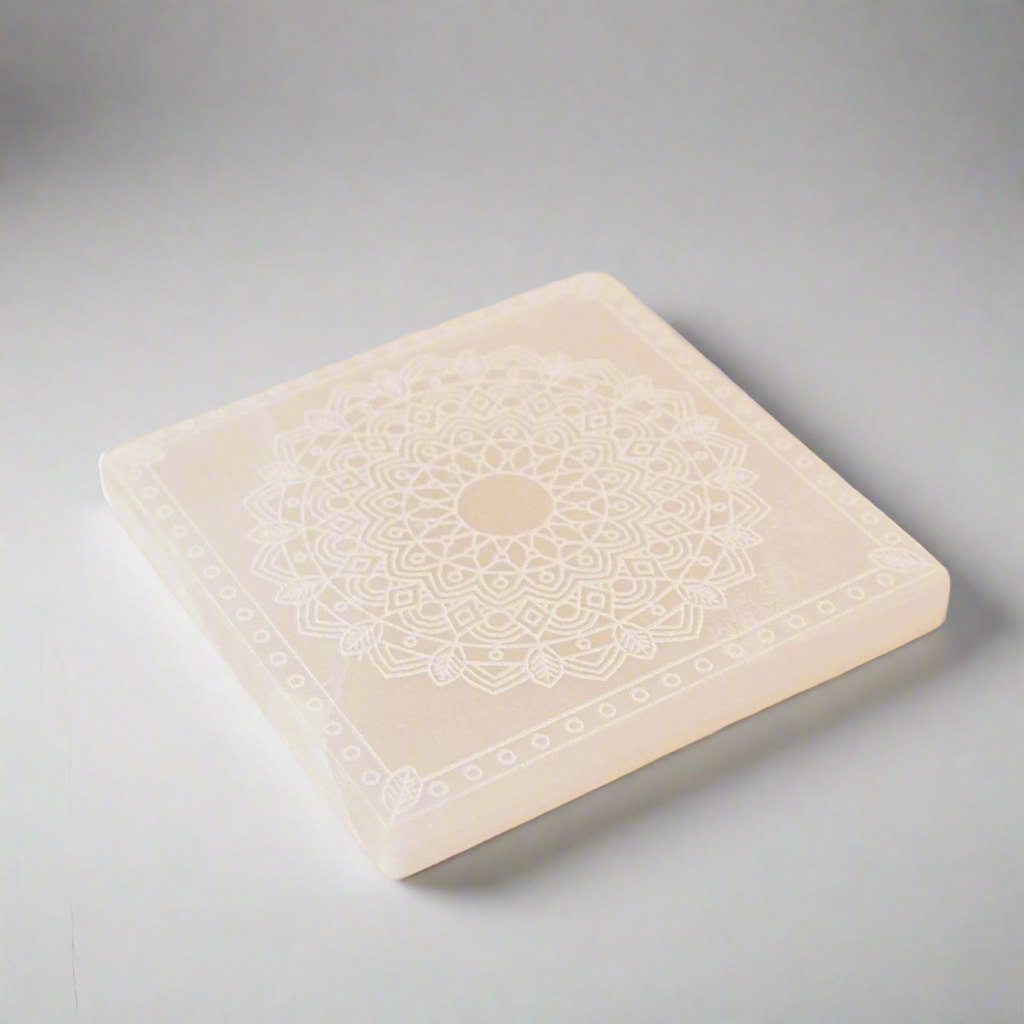 Mandala Selenite Charging Plate – Stone of Radiant Energy, 10 × 10 cm by ANAS