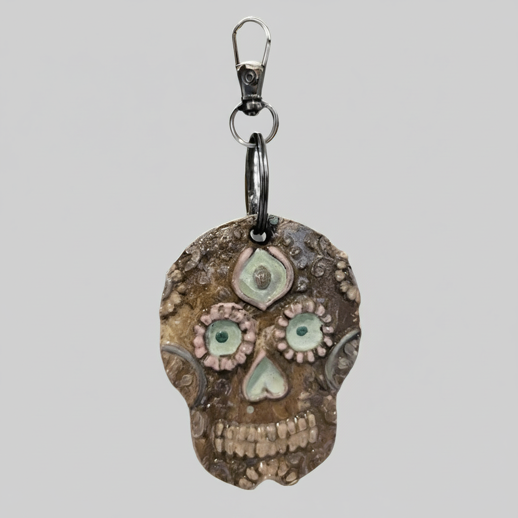 Día de los Muertos Keychain – Death & Transformation Ceramic Charm, Ø5.5×7 cm