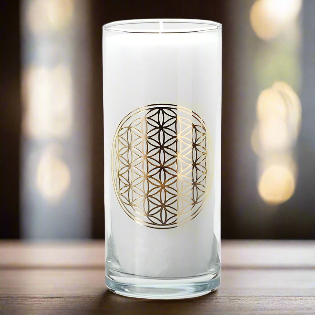 Flower of Life Candle - Magical Glass Candle for Indoors & Outdoors, White, 14cm