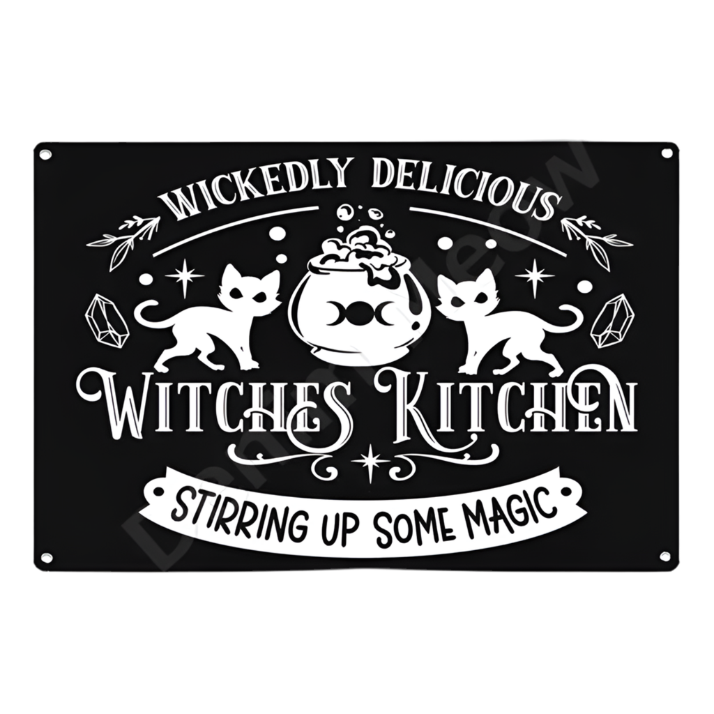 Witches Kitchen Metal Sign – Enchanted Cauldron Scene Wall Art, 20×30 cm