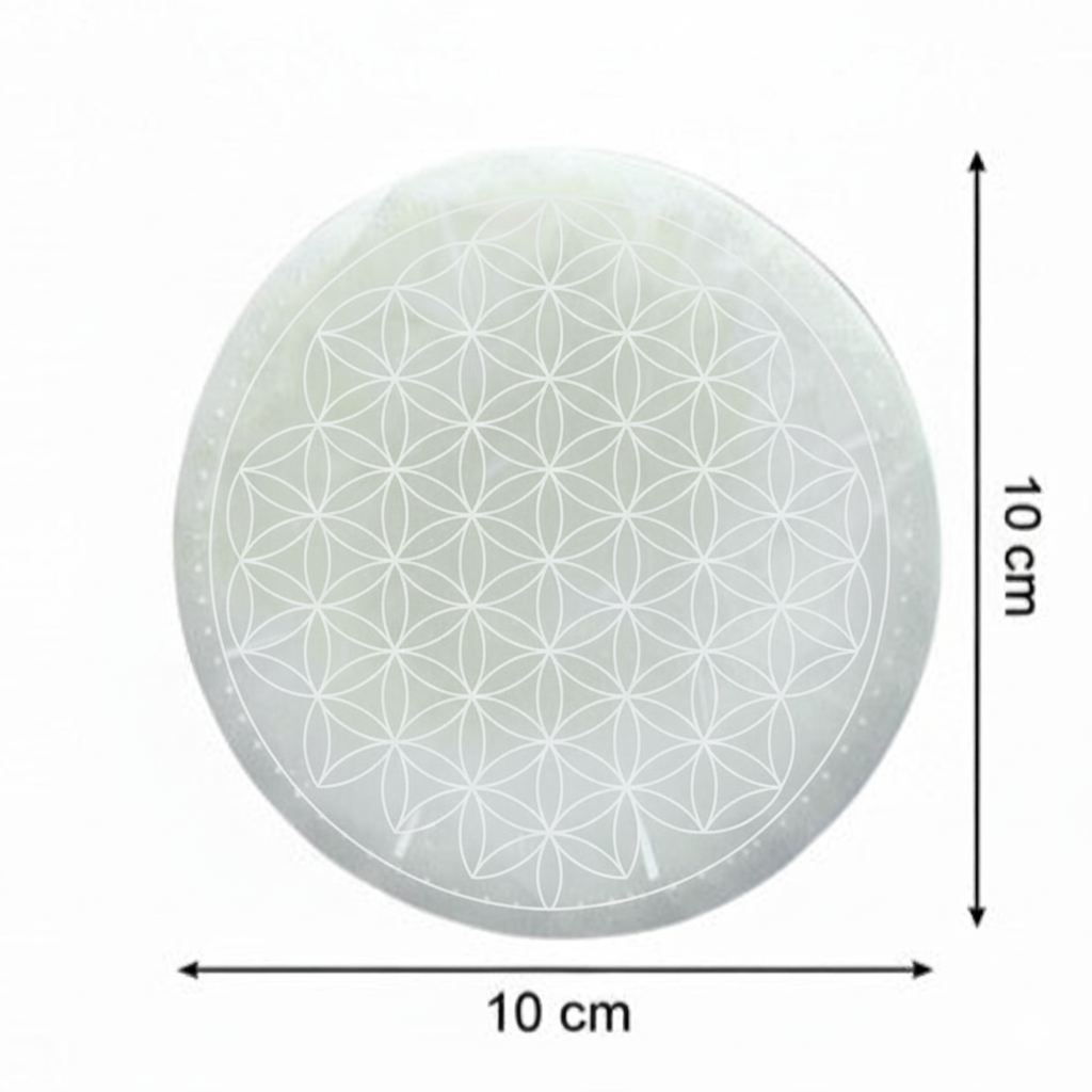 Flower of Life Selenite Charging Plate – Stone of Radiant Energy, Ø10 cm
