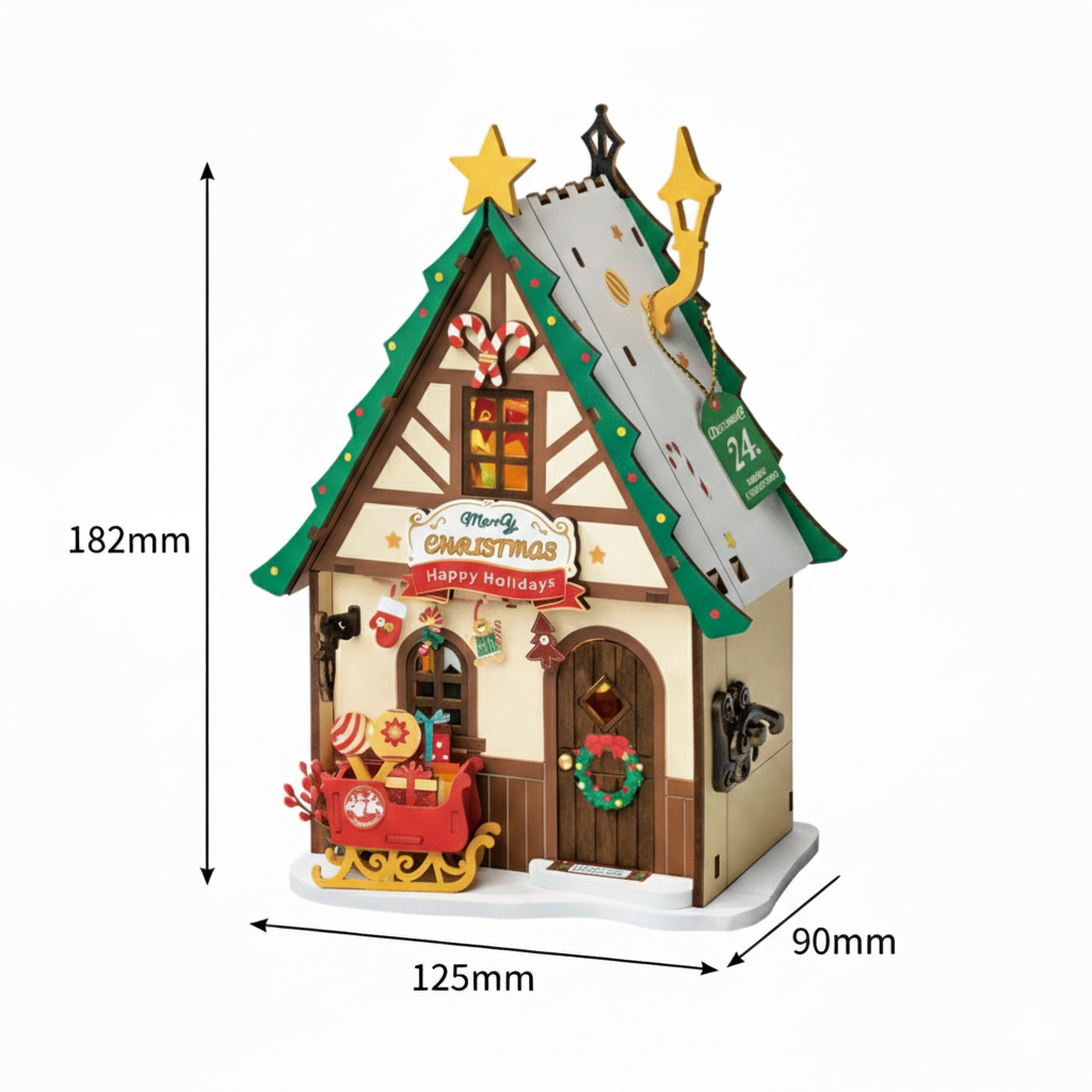 Twinkling Christmas House DIY Wooden Miniature Kit – Festive Holiday Cottage, 46 Pieces by Robotime