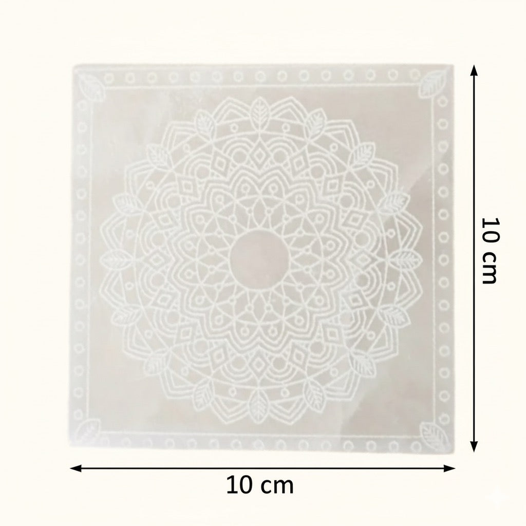 Mandala Selenite Charging Plate – Stone of Radiant Energy, 10 × 10 cm by ANAS
