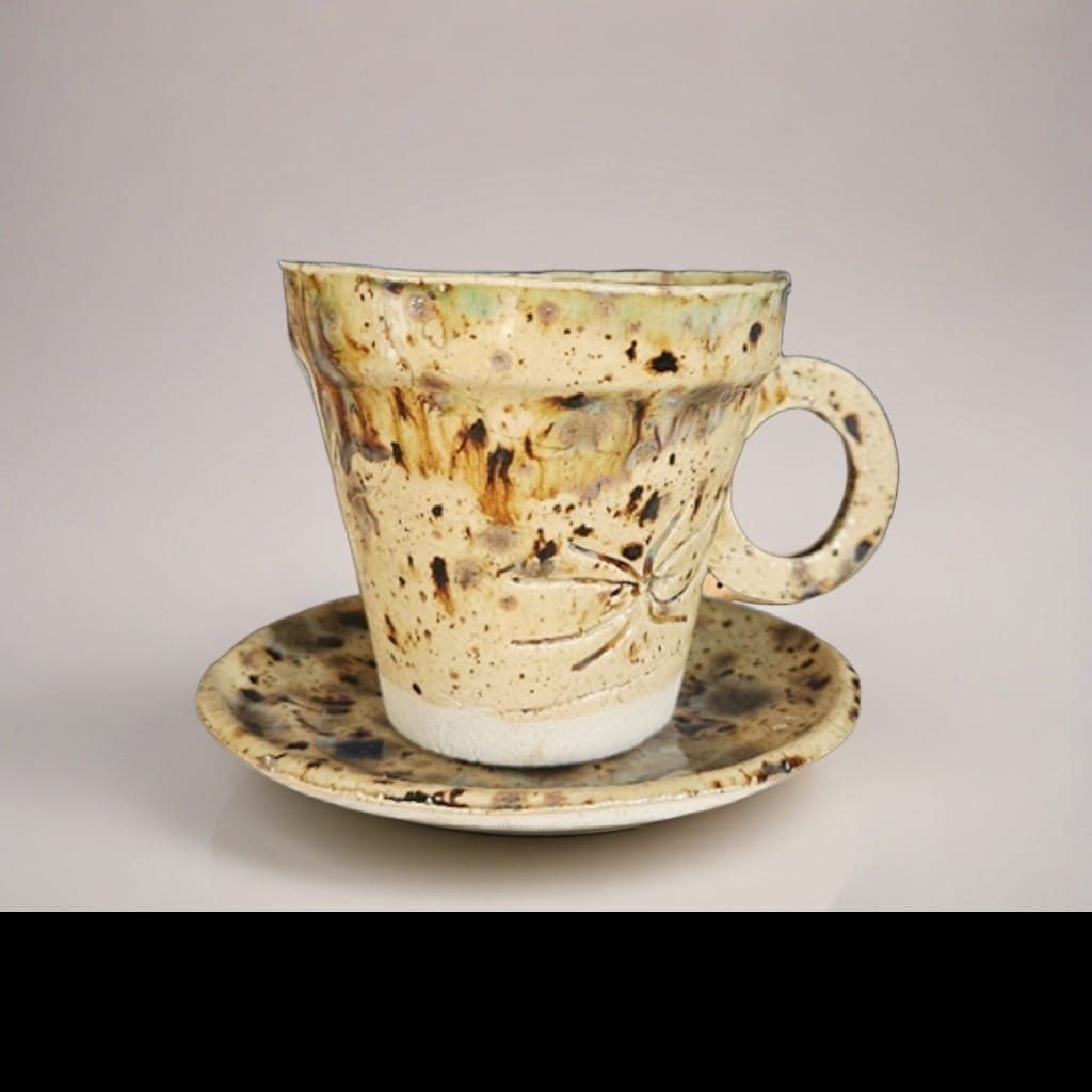 Spider Imprint Coffee Cups & Saucers – 12-Piece Set of Speckled Ceramics, Ø7.5×8 cm & Ø9 cm