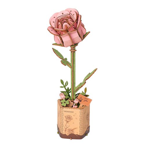 Pink Rose DIY Wooden Flower Kit – Blossom of Quiet Romance, 104 Pieces by Robotime