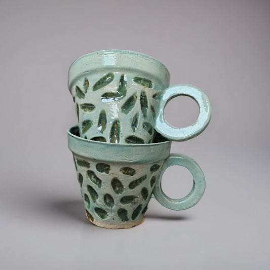Botanical Brushstroke Ceramic Coffee Cups – Set of 2 Morning Companions, Ø8.5×7.5 cm by Red Raven Pottery