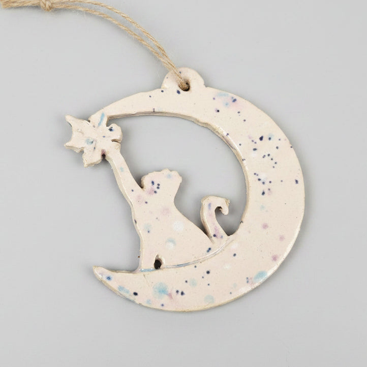 Cat in the Moon Ceramic Talisman – Lunar Watch Charm, Ø7.5 cm by Red Raven Pottery