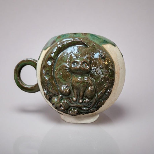 Crescent Familiar Ceramic Tea Mug – Guardian Of Moonlit Brews, Ø11×10.5 cm by Red Raven Pottery