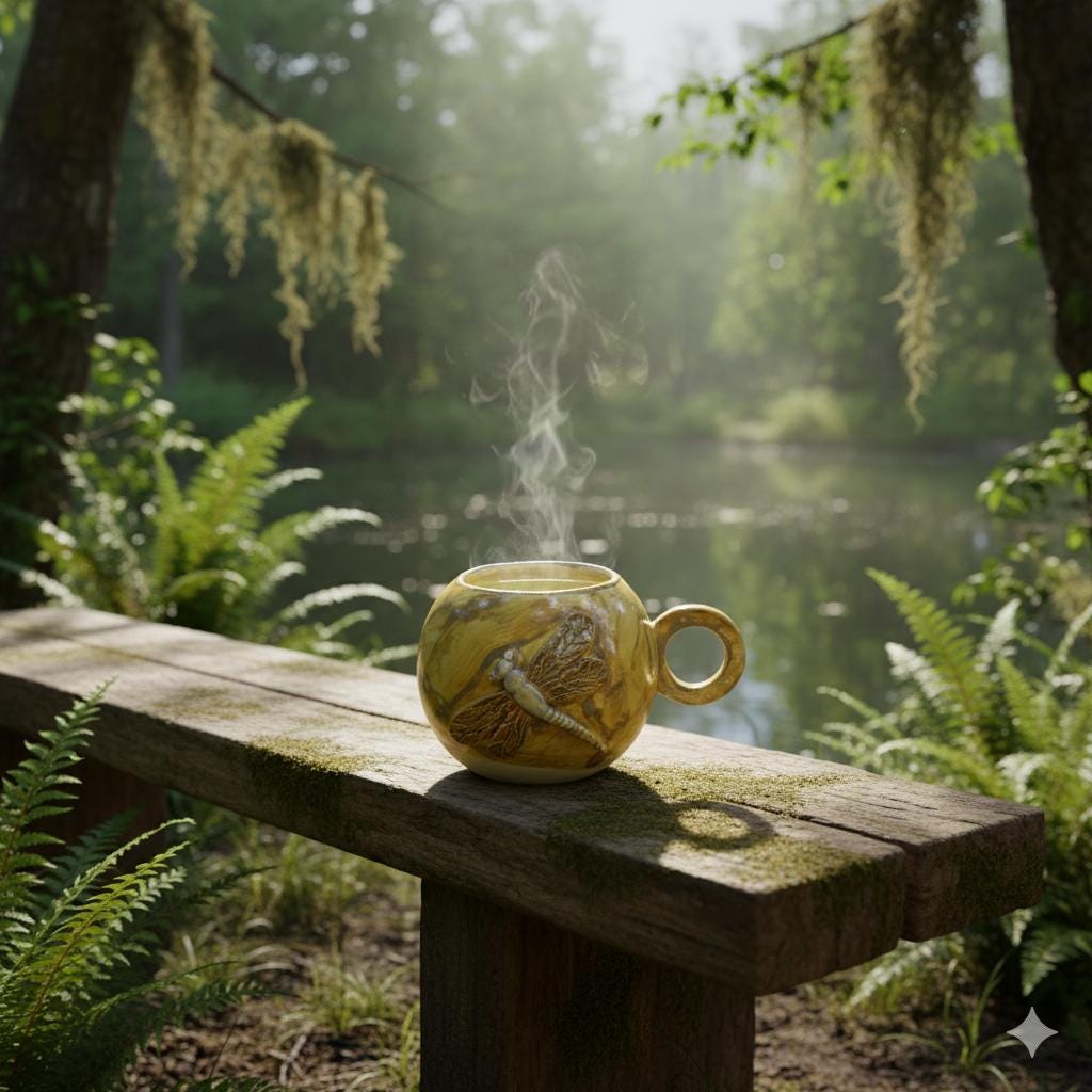 Drifting Dragonfly Ceramic Tea Mug – Dawn-Toned Ritual Comfort, Ø11×9.5 cm by Red Raven Pottery