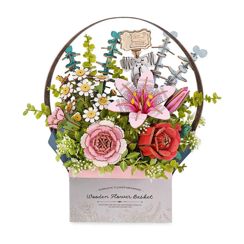 Blooming Basket DIY Wooden Flower Kit – Everlasting Gifting Arrangement, 428 Pieces by Robotime