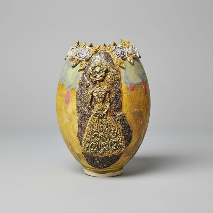 Golden Madonna Ceramic Vase – Sacred Gilded Icon, Ø12×16 cm by Red Raven Pottery