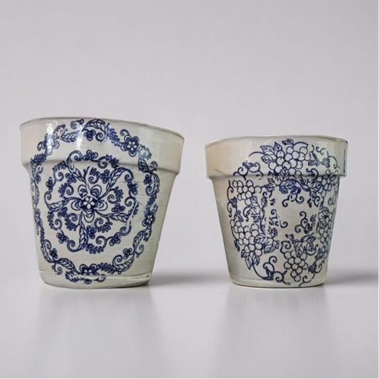 Heirloom Stamp Ceramic Planter – Blue Echoes of Botanical Calm, Ø8×9 cm by Red Raven Pottery