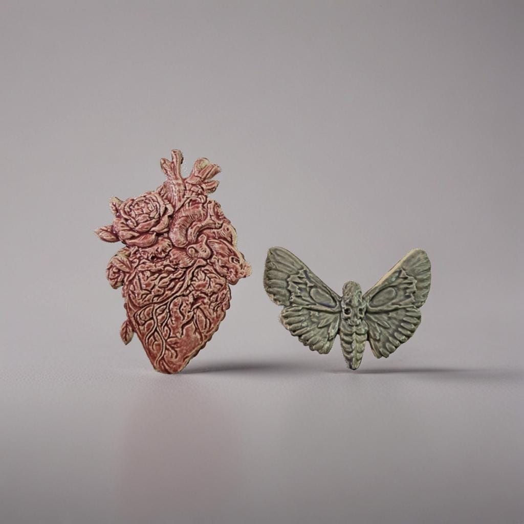 Heart & Moth Ceramic Magnets – Handmade Gothic Decor