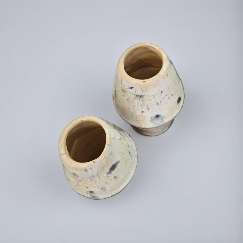Vintage Grain Mini Vase – Azure Blue and Beige Ceramic Vessel, Ø6×10 cm