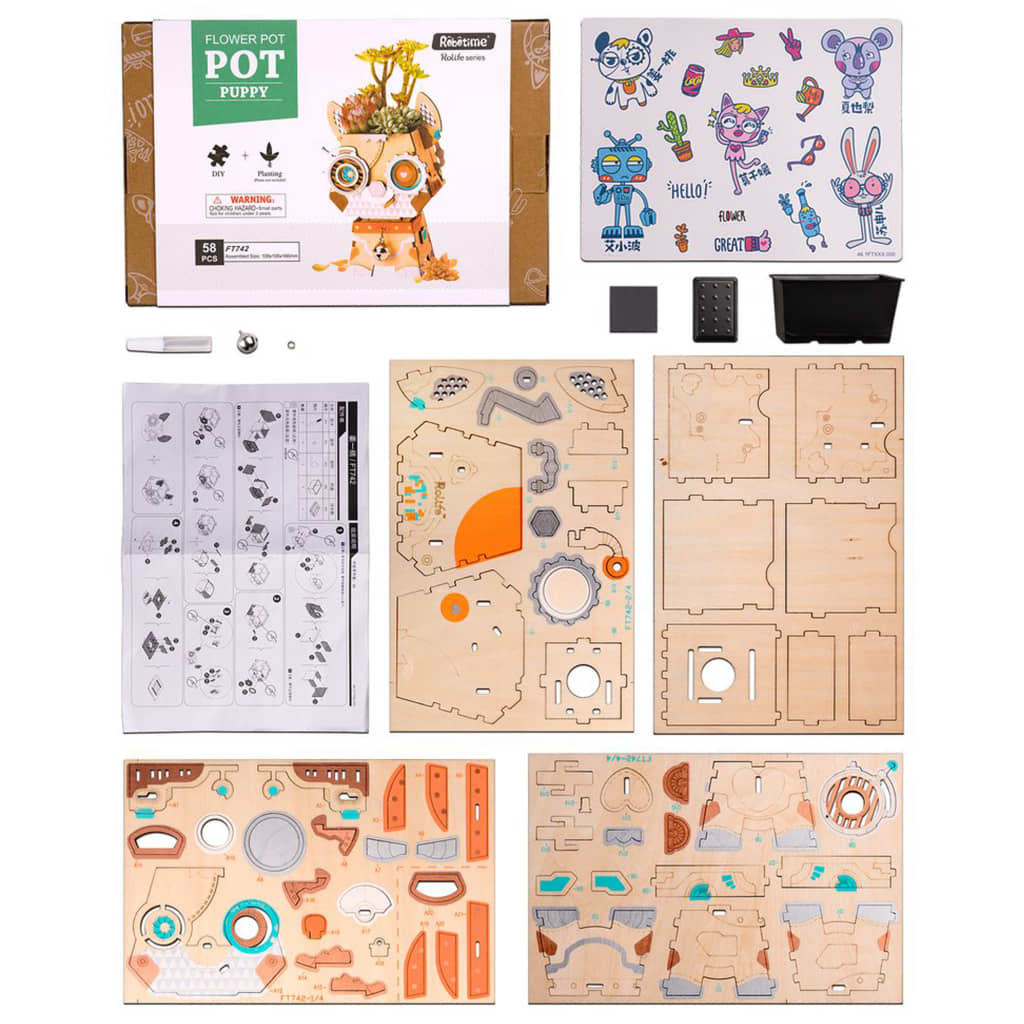 Woodland Guardian DIY Planter – Charming Puppy Succulent Pot, 58 Pieces by Robotime