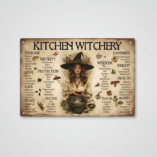 Kitchen Witchery Metal Sign – Herbal Magic Wall Art, 15×20 cm