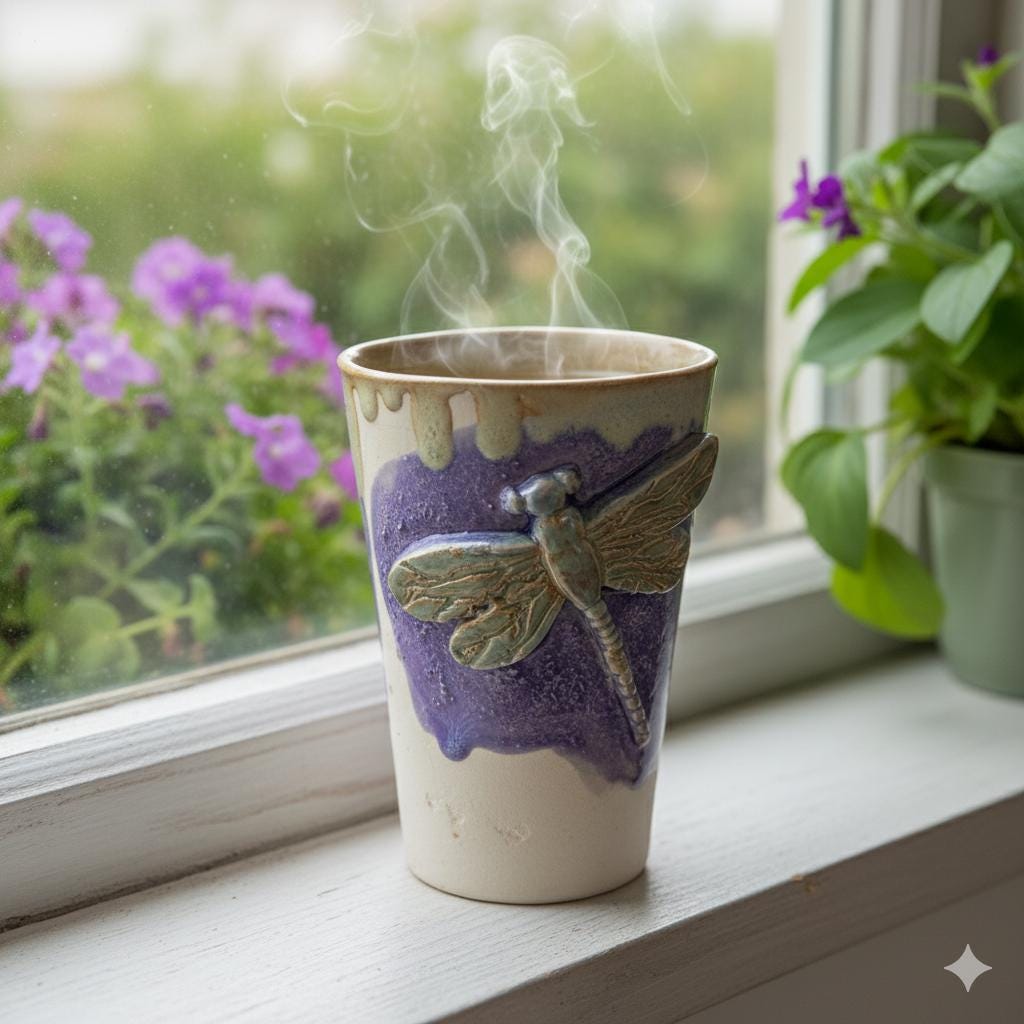 Lavender Dragonfly Ceramic Tumbler – Sculpted Symbol of Renewal, Ø8.5×12.5 cm by Red Raven Pottery