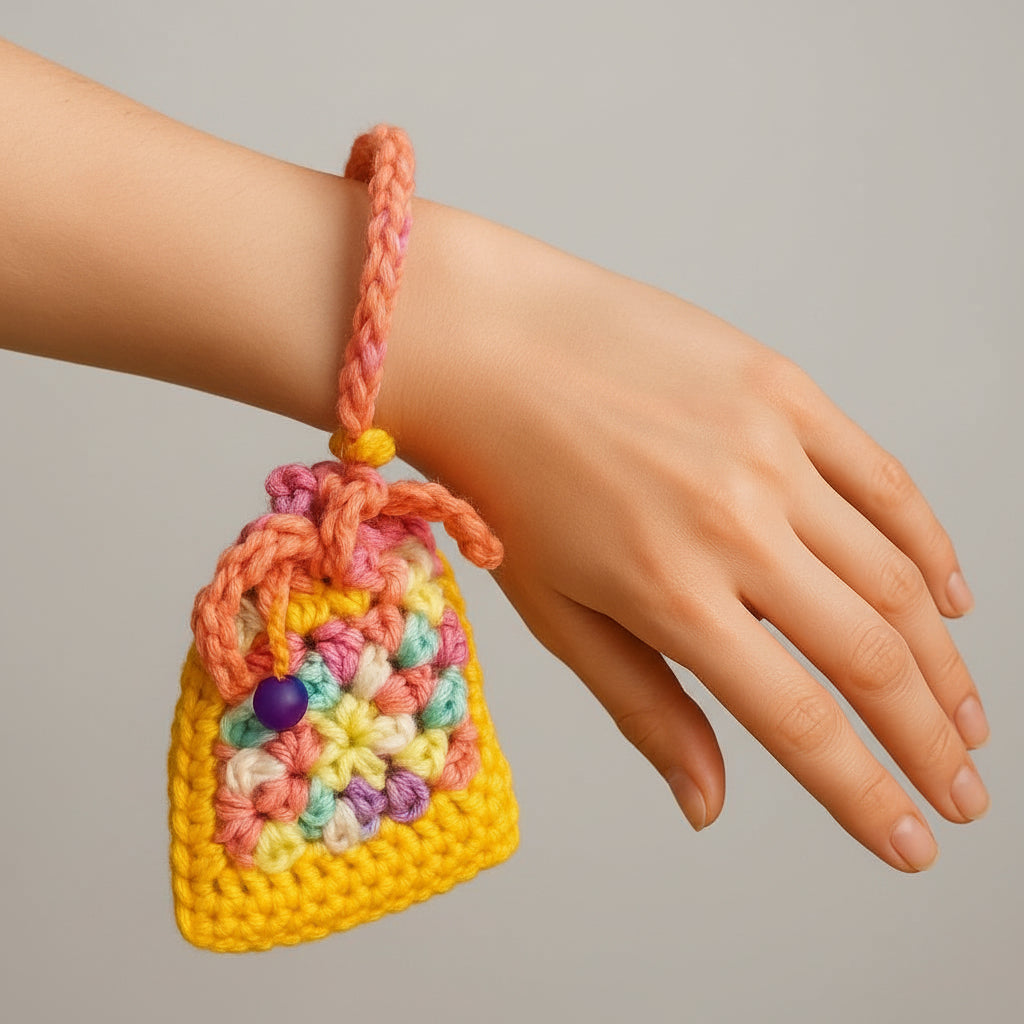 Rainbow Sparkle Wrist Pouch – Hand-crocheted Granny Square Spirit Bag, 10× 11 cm by Hook & Hex