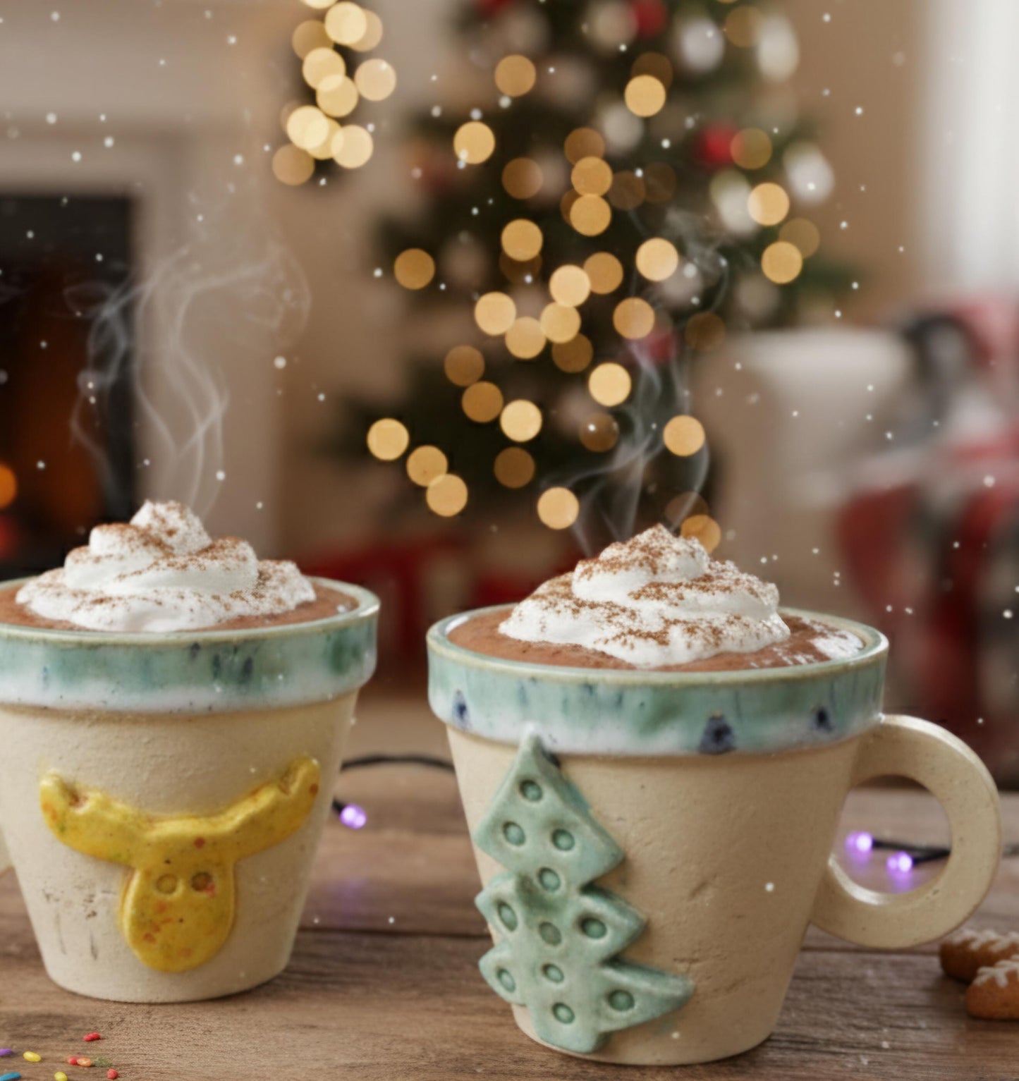 Reindeer & Pine Ceramic Coffee Cups – Set of 2 Playful Holiday Vessels, Ø8.5×7.5 cm by Red Raven Pottery