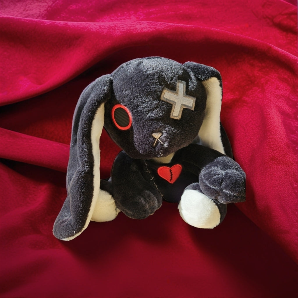 Broken Heart Black Bunny – 22cm Gothic Plush Toy with Embroidered Red Heart