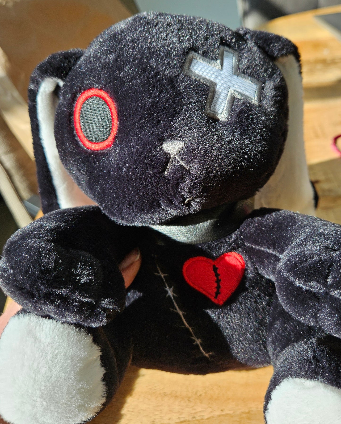 Broken Heart Black Bunny – 22cm Gothic Plush Toy with Embroidered Red Heart