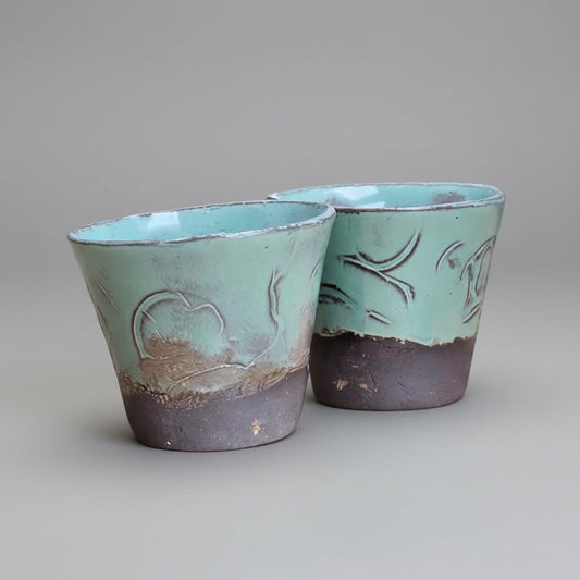 Twin Jade Ceramic Mini Planters – Balanced Duo of Ritual Vessels, Ø5.5×5 cm by Red Raven Pottery