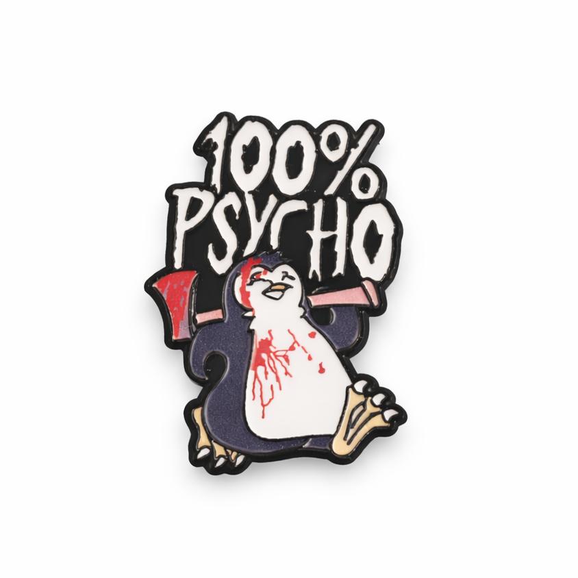 100% Psycho Lapel Pin – Killer Penguin Metal Badge, 2 × 3.5 cm