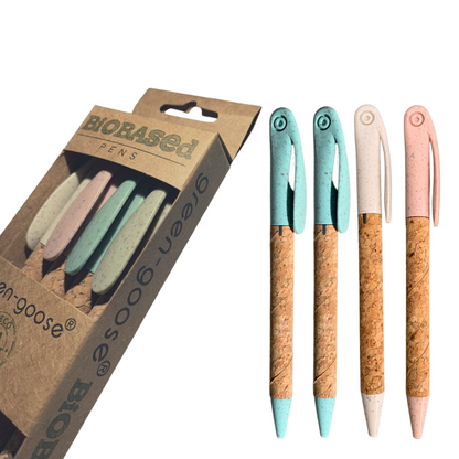 Eco-Friendly Cork & Wheatgrass Fiber Pens – Set of 8 Sustainable Ballpoint Pens, Assorted Colors