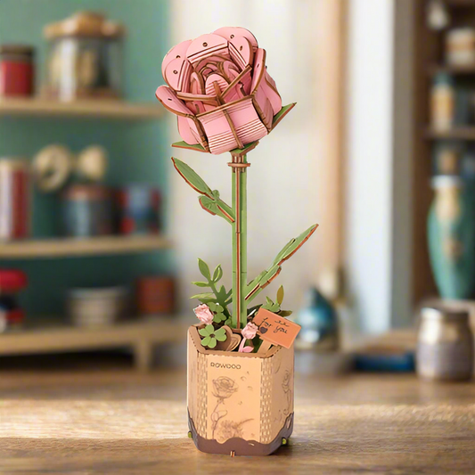 Pink Rose DIY Wooden Flower Kit – Blossom of Quiet Romance, 104 Pieces by Robotime