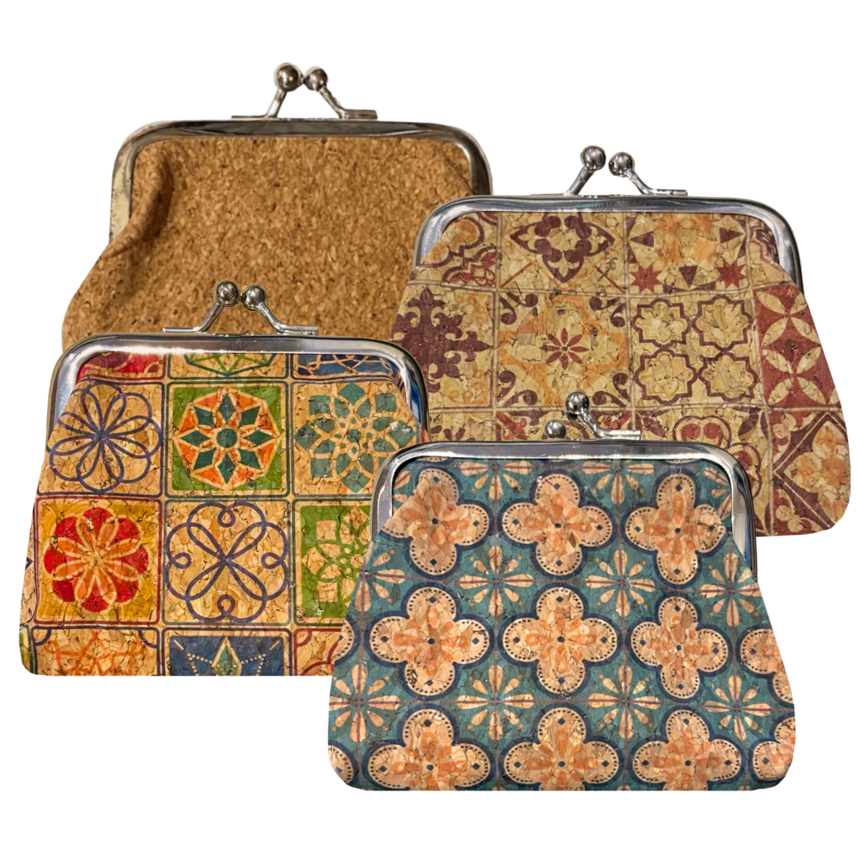 Eco-Chic Cork Coin Purse Set – Set of 4 Purses with Kiss Lock, Assorted Designs