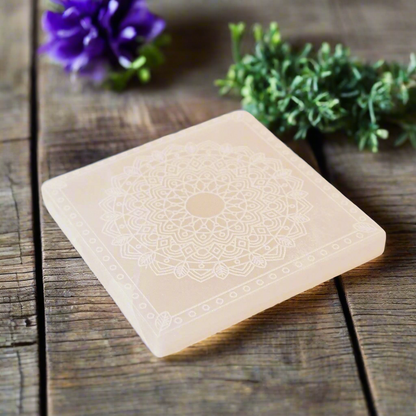 Mandala Selenite Charging Plate – Stone of Radiant Energy, 10 × 10 cm by ANAS