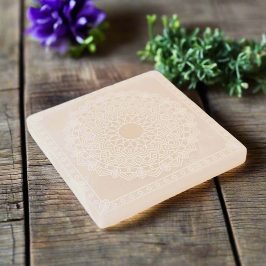 Mandala Selenite Charging Plate – Stone of Radiant Energy, 10 × 10 cm by ANAS