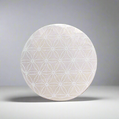 Flower of Life Selenite Charging Plate – Stone of Radiant Energy, Ø10 cm