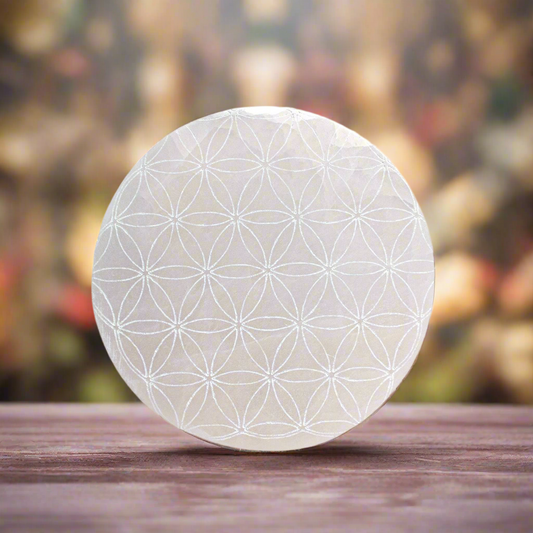 Flower of Life Selenite Charging Plate – Stone of Radiant Energy, Ø10 cm