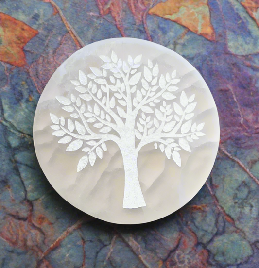 Tree of Life Selenite Charging Plate – Stone of Harmonious Energy, Ø10 cm by ANAS