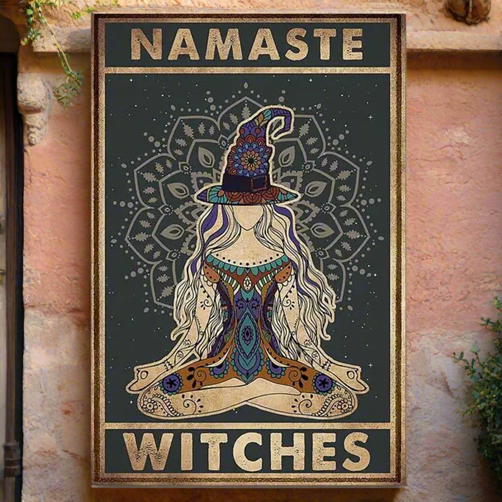 Namasté Witches Metal Sign – Cheeky Greeting Wall Art, 30×20 cm