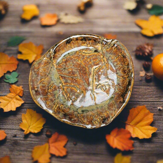 Rustic Leaf Ceramic Dish – Woodland Patterned Plate, Ø17×2 cm by Red Raven Pottery