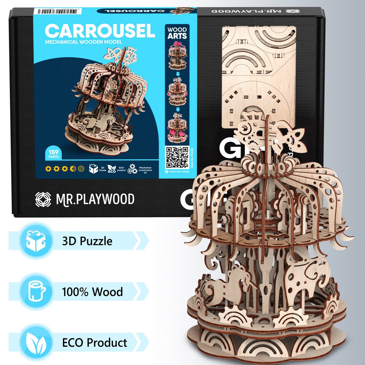 Mr. Playwood 3D Houten Puzzel carrousel echt werkend