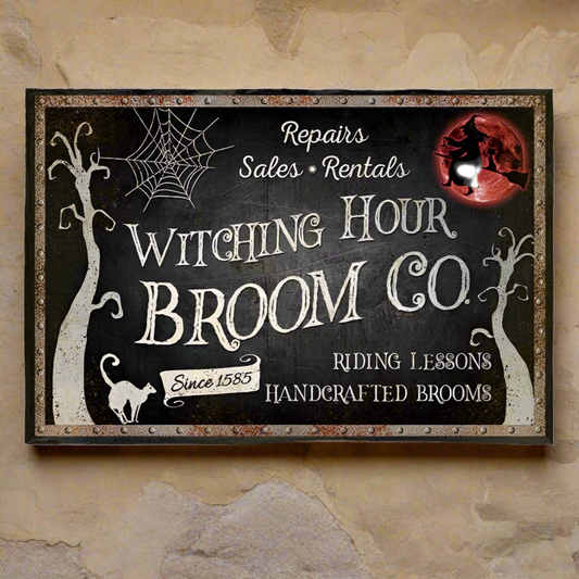 Witching Hour Metal Sign – Vintage Broomstick Service Wall Art, 30×20 cm