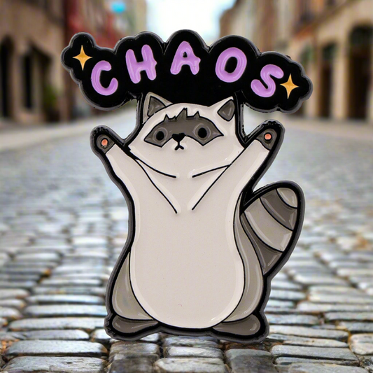 Chaos Raccoon Enamel Pin – Unhinged Mascot Metal Badge
