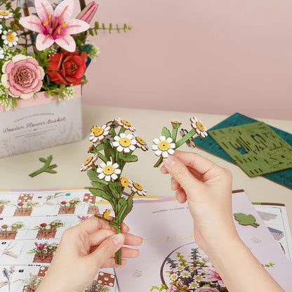 Blooming Basket DIY Wooden Flower Kit – Everlasting Gifting Arrangement, 428 Pieces by Robotime